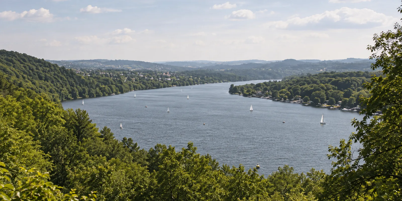 Der Baldeneysee mit den bewaldeten Hängen dahinter