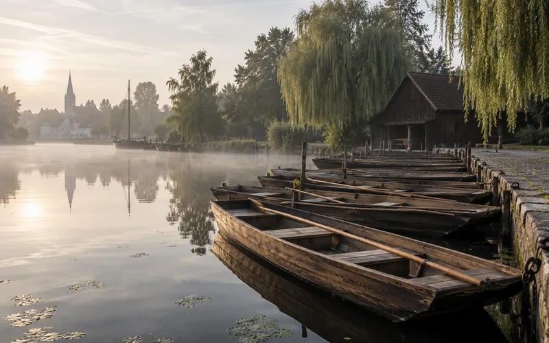 Reihe hölzerner Spreewaldkähne am Hafen im Morgendunst