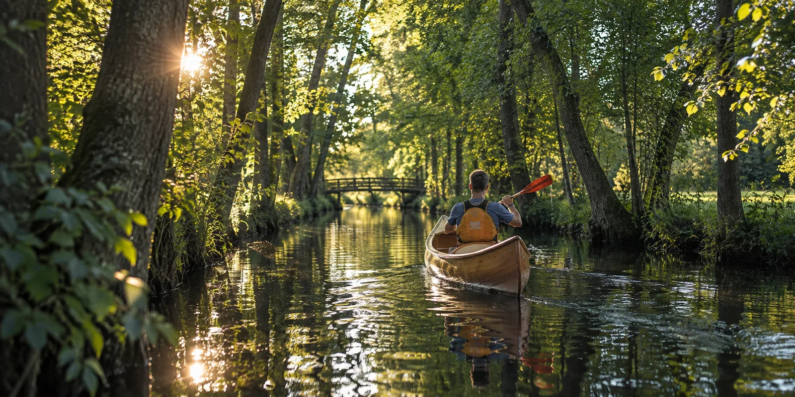 Paddler in einem Holzkanadier auf einem schmalen Fließ im Gegenlicht
