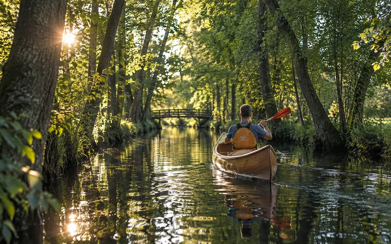 Paddler in einem Holzkanadier auf einem schmalen Fließ im Gegenlicht