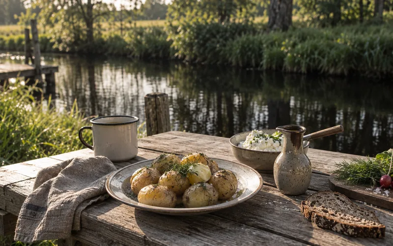 Gedeckter Tisch mit Pellkartoffeln, Quark und Leinöl am Wasser