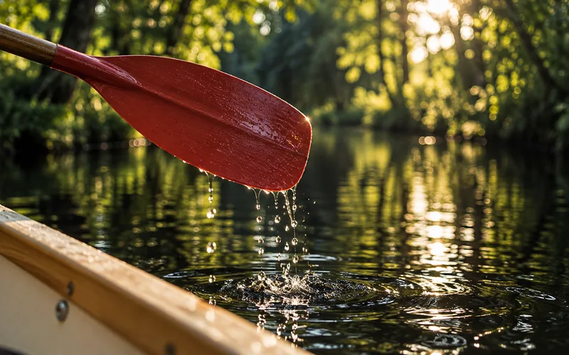 Rotes Paddelblatt hebt sich mit Tropfen aus dunklem Wasser