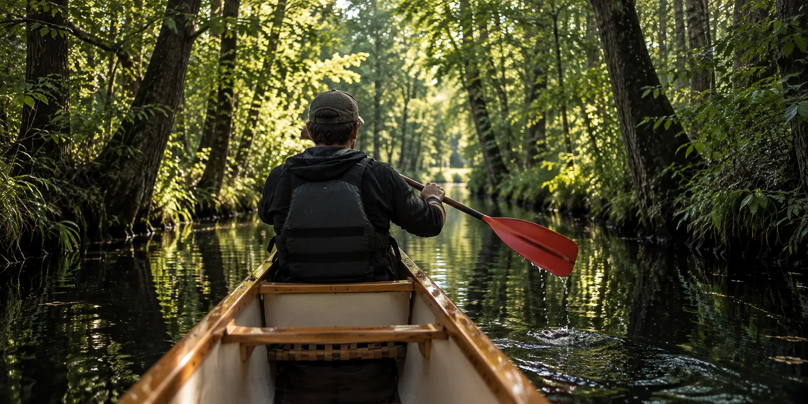 Paddler von hinten in einem Holzkanadier auf einem schmalen Fließ