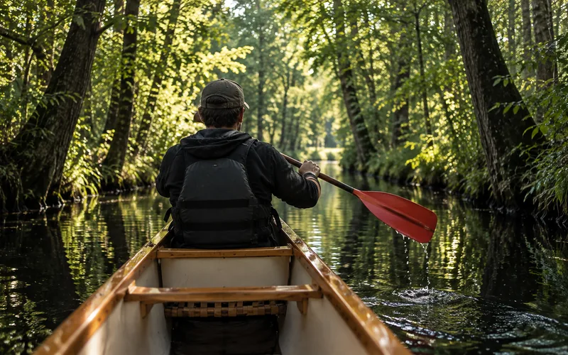 Paddler von hinten in einem Holzkanadier auf einem schmalen Fließ