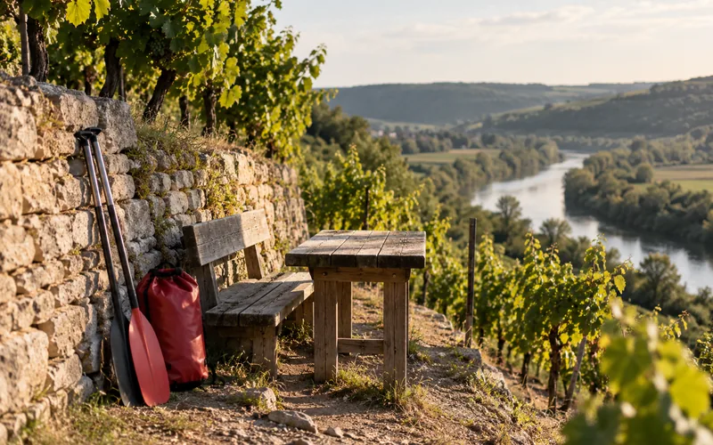 Bank und Tisch im Weinberg über dem Fluss