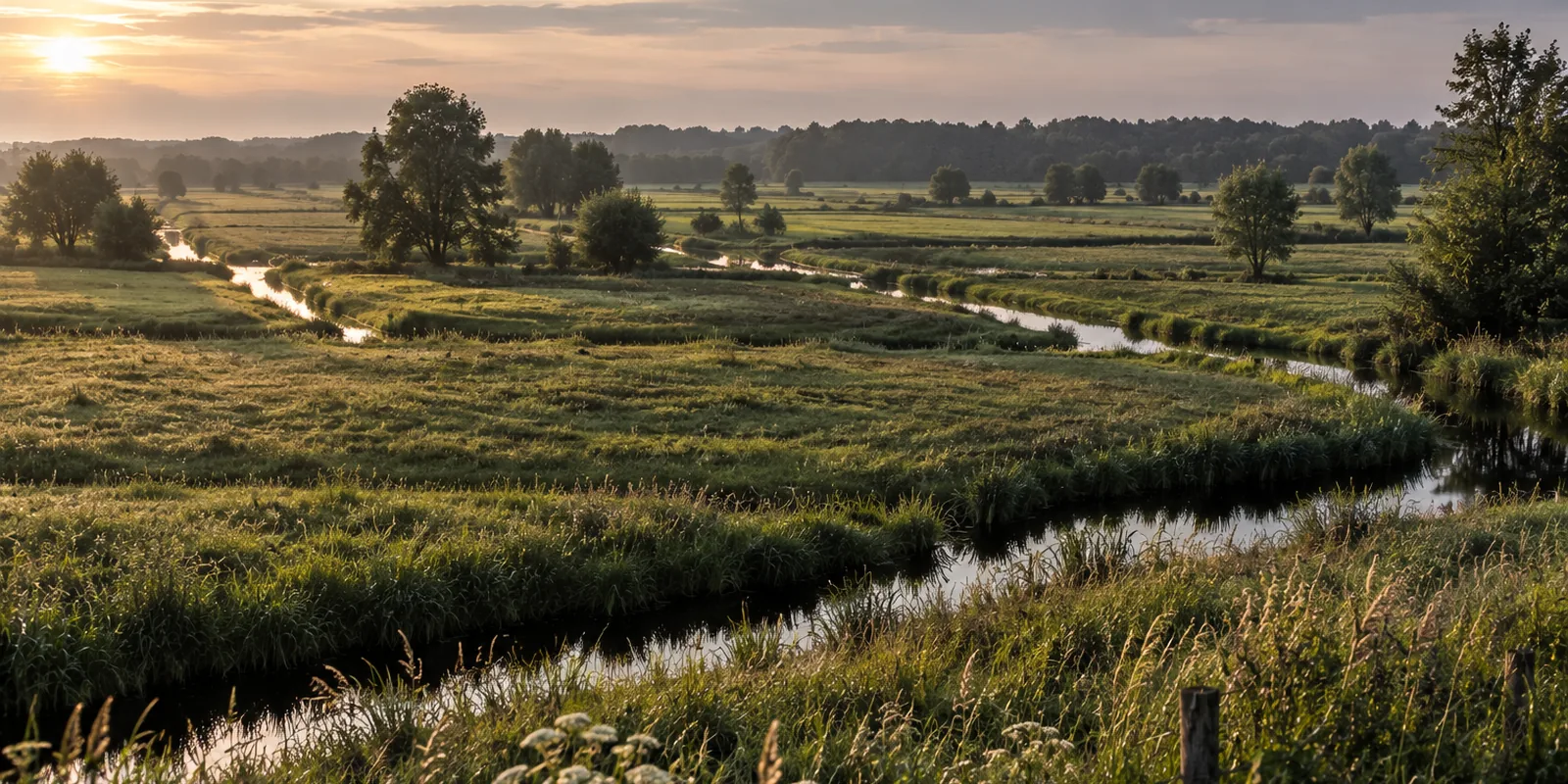Wiesen und Fließe des Spreewalds im Abendlicht
