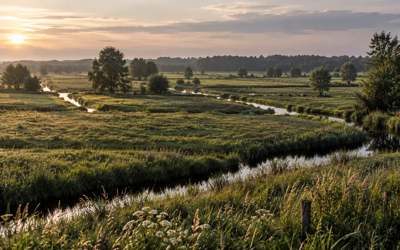 Wiesen und Fließe des Spreewalds im Abendlicht